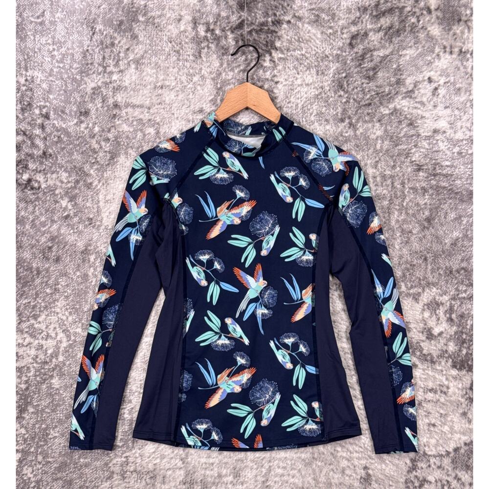Women’s Navy Bird-Print Long Sleeve Swim Top